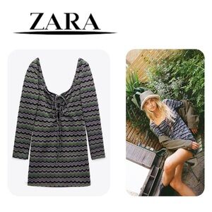 ZARA Women's MINI DRESS KNIT Sparkle Geometric Stripe Zig Zag Purple Green Sz XL
